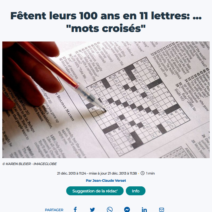 Fêtent leurs 100 ans en 11 lettres: ... "mots croisés"